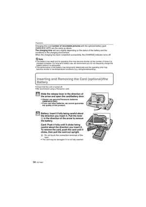 Page 14VQT1M9714
Preparation
Charging time and number of recordable pictures with the optional battery pack 
(DMW-BCE10PP) are the same as above.
The charging time will vary slightly depending on the status of the battery and the 
conditions in the charging environment.
When the charging has been completed successfully, the [CHARGE] indicator turns off.
Note

The battery may swell and its operating time may become shorter as the number of times it is 
charged increases. For long term battery use, we recommend...