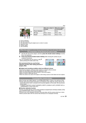 Page 31
31VQT1M97
Basic
AFocus indication
B AF area (normal)
C AF area (when using the digital zoom or when it is dark)
D Aperture value
E Shutter speed
F ISO sensitivity
1Aim the AF area at the subject, and then  press the shutter button halfway to fix the 
focus and exposure.
2Press and hold the shutter button halfway  while moving the camera as you 
compose the picture.
•
You can repeatedly retry the actions in step 1 
before pressing the shutter button fully.
We recommend that you use the face 
detection...
