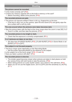 Page 119
Others
- 11 -

Shooting
The picture cannot be recorded.
•  Is the mode correctly set? (P20)•  Is there any memory capacity left on the built-in memory or the card?"  
Before recording, delete some pictures. (P40)
The recorded pictures are pale.
•  The picture can become whitish if there is dirt e.g. fingerprints on the lens."  
If the lens is dirty, turn on the camera, eject the lens barrel (P9) and gently wipe the lens surface with a soft dry cloth.
The area around where the pictures were...