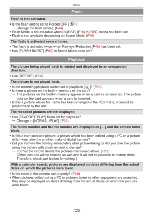 Page 122
Others
- 1 -

Flash
Flash is not activated.
•  Is the flash setting set to Forced OFF [o]?"  
Change the flash setting. (P44)• Flash Mode is not available when [BURST] (P76) in [REC] menu has been set.
•  Flash is not available depending on Scene Mode. (P46)
The flash is activated several times.
• The flash is activated twice when Red-eye Reduction (P45) has been set.•  Has [FLASH BURST] (P59) in Scene Mode been set?
Playback
The picture being played back is rotated and displayed in an...