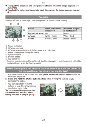 Page 33
Basic
-  -

To adjust the exposure and take pictures at times when the image appears too dark (P51)To adjust the colors and take pictures at times when the image appears too red (P72)
Focusing
Aim the AF area at the subject, and then press the shutter button halfway.
FocusWhen the subject is focusedWhen the subject is not focused
Focus indicationOnBlinks
AF areaWhite"GreenWhite"Red
SoundBeeps 2 timesBeeps 4 times
C Focus indicationD AF area (normal)E AF area (when using the digital...