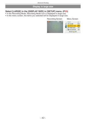 Page 43
Advanced-Shooting
-  -

Display in large size
Select [LARGE] in the [DISPLAY SIZE] in [SETUP] menu. (P25)• In the Recording Mode, Recording Mode icon is displayed in large size.
•  In the menu screen, the items you selected will be displayed in large size.
Recording ScreenMenu Screen 