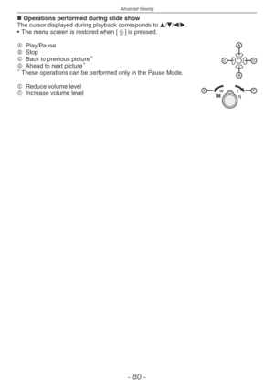 Page 80
Advanced-Viewing
- 0 -

Operations performed during slide showThe cursor displayed during playback corresponds to e/r/w/q.
•  The menu screen is restored when [4] is pressed.
A  
Play/PauseB  
StopC  
Back to previous picture
D  
Ahead to next picture These operations can be performed only in the Pause Mode.
E  
Reduce volume levelF  
Increase volume level
 