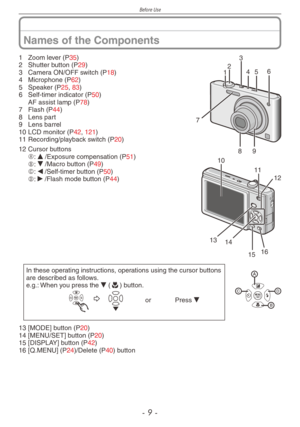 Page 9
Before Use
-  -

Names of the Components
98
4
7
56
321
1 Zoom lever (P35)
2 Shutter button (P29)
3 Camera ON/OFF switch (P18)
4 Microphone (P62)
5  Speaker (P25, 83)
6 Self-timer indicator (P50) AF assist lamp (P78)
7 Flash (P44)
8 Lens part
9 Lens barrel
10 LCD monitor (P42, 121)
11 Recording/playback switch (P20)
10
16
1413
11
15
12
1 2 Cursor buttonsA :
 e /Exposure compensation (P51)B :
 r /Macro button (P49)C :
 w /Self-timer button (P50)D :
 q /Flash mode button (P44)
In these operating...