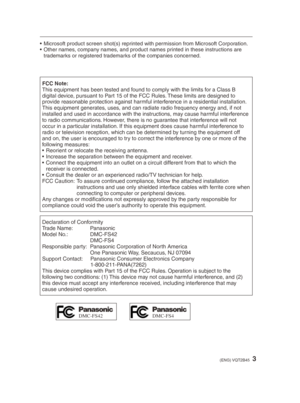 Page 33(ENG) VQT2B45
•  Microsoft product screen shot(s) reprinted with permission from Microsoft Corporation.
•  Other names, company names, and product names printed in these instructions are trademarks or registered trademarks of the companies concerned.
FCC Note:This equipment has been tested and found to comply with the limits for a Class B 
digital device, pursuant to Part 15 of the FCC Rules. These limits are designed to 
provide reasonable protection against harmful interference in a residential...