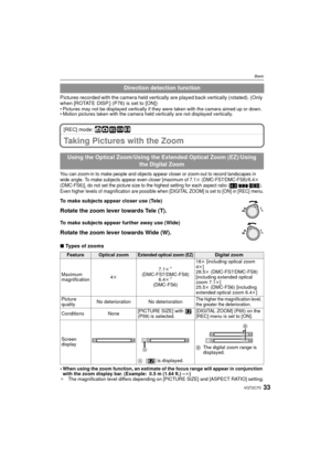 Page 3333VQT2C70
Basic
Pictures recorded with the camera held vertically are played back vertically (rotated). (Only 
when [ROTATE DISP.] (P76) is set to [ON])
• Pictures may not be displayed vertically if they were taken with the camera aimed up or down.
• Motion pictures taken with the camera held vertically are not displayed vertically.
[REC] mode: ñ· ¿n 
Taking Pictures with the Zoom
You can zoom-in to make people and objects appear closer or zoom-out to record landscapes in 
wide angle. To make subjects...
