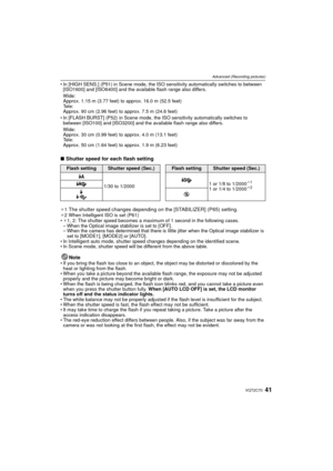 Page 4141VQT2C70
Advanced (Recording pictures)
• In [HIGH SENS.] (P51) in Scene mode, the ISO sensitivity automatically switches to between [ISO1600] and [ISO6400] and the available flash range also differs.
• In [FLASH BURST] (P52) in Scene mode, the ISO sensitivity automatically switches to  between [ISO100] and [ISO3200] and the available flash range also differs.
∫ Shutter speed for each flash setting
¢1The shutter speed changes depending on the [STABILIZER] (P65) setting.¢2 When Intelligent ISO is set...