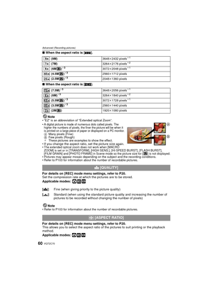 Page 60VQT2C7060
Advanced (Recording pictures)
∫When the aspect ratio is [ Y].
∫ When the aspect ratio is [ W].
Note
• “EZ” is an abbreviation of “Extended optical Zoom”.
•A digital picture is made of numerous dots called pixels. The 
higher the numbers of pixels, the finer the picture w ill be when it 
is printed on a large piece of paper or displayed on a PC monitor.
A Many pixels (Fine)
B Few pixels (Rough)
¢ These pictures are examples to show the effect.
•
If you change the aspect ratio, set the picture...