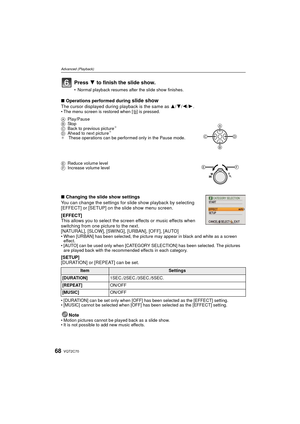 Page 68VQT2C7068
Advanced (Playback)
∫Operations performed during slide showThe cursor displayed during  playback is the same as 3/4/2/1 .• The menu screen is restored when [ ‚] is pressed.
∫ Changing the slide show settings
You can change the settings for slide show playback by selecting 
[EFFECT] or [SETUP] on the slide show menu screen.
[EFFECT]
This allows you to select the screen effects or music effects when 
switching from one picture to the next.
[NATURAL], [SLOW], [SWING], [URBAN], [OFF], [AUTO]
• When...