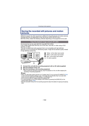 Page 154Connecting to other equipment
- 154 -
Connecting to other equipmentSaving the recorded still pictures and motion 
pictures
Method to acquire into other equipment is different for the still pictures and motion pictures 
recorded with this unit depending on their file format (JPEG, AVCHD Lite or 
MOTION JPEG). Select the following methods depending on the equipment to be used.
File formats that can be used: [AVCHD Lite], [MOTION JPEG]
Copy images played back with this unit to DVD disc, hard disk, or video...