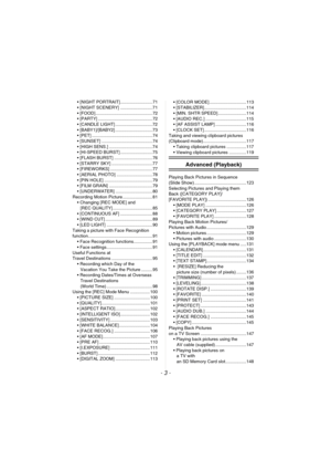 Page 3- 3 -
 PORTRAIT].......................... 71
 SCENERY] .......................... 71
 72
 ............................................ 72
 LIGHT] .............................. 72
 .............................. 73
 ................................................. 74
 ......................................... 74
 SENS.] ................................... 74
 BURST] .......................... 75
 BURST] ............................... 76
 SKY] ................................. 77...