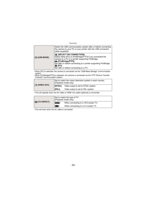 Page 34Preparation
- 34 -
•When [PC] is selected, the camera is connected via the “USB Mass Storage” communication 
system.
•When [PictBridge(PTP)] is selected, the camera is connected via the “PTP (Picture Transfer 
Protocol)” communication system.
•This will operate when the AV cable or HDMI mini cable (optional) is connected.
•This will work when the AV cable is connected. 
x [USB MODE]
Select the USB communication system after or before connecting 
the camera to your PC or your printer with the USB...