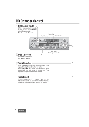 Page 14LOUDVOL
SEL/SATPUSH
BASS/TREB
BAL/FADER
MUTE
SCANTUNE
SEEK
ILL6 5 SKP4 REP3 TPS2 NR1 MTLDISC CD SCAN RPT RDM
CQ-4330U
CLK
ALMAPM DISP
BAND MODE PWRMODE
2 NR1 MTL
TUNE
SEEK
CQ-4330U14
CD Changer Control
CD Changer mode
While a disc magazine is inserted in
the CD changer, press 
[MODE]to
select CD changer mode. 
Play starts from the first track.
q
Disc Selection
[1] ({DISC):Previous disc.
[2] (}DISC):Next disc.
w
Track Selection
Press [TRACK 2]once to go to the next track. Press
repeatedly to step forward...