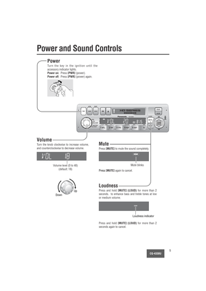 Page 5CQ-4330U5
LOUDVOL
SEL/SATPUSH
BASS/TREB
BAL/FADER
MUTE
SCANTUNE
SEEK
ILL6 5 SKP4 REP3 TPS2 NR1 MTLDISC CD SCAN RPT RDM
CQ-4330U
CLK
ALMAPM DISP
BAND MODE PWR
MUTE
PWR
Volume level (0 to 40)
(default: 18)
Power
Turn the key in the ignition until the
accessory indicator lights.
Power on:Press [PWR](power).
Power off:Press [PWR](power) again.
ACC
ON
Volume
Turn the knob clockwise to increase volume,
and counterclockwise to decrease volume.Mute
Press [MUTE]to mute the sound completely.
Loudness
Press and...