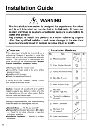 Page 1919
Installation Guide
This installation information is designed for experienced installers
and is not intended for non-technical individuals. It does not
contain warnings or cautions of potential dangers in attempting to
install this product.
Any attempt to install this product in a motor vehicle by anyone
other than qualified installer could cause damage to the electrical
system and could result in serious personal injury or death.
WARNING
❏Overview
This equipment should be installed by a
professional....