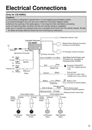 Page 2626
(Only for CQ-4500U)
Cautions:
This product is designed to operate with a 12-volt negative ground battery system.
To prevent damage to the unit, be sure to follow the connection diagram below.
Remove the covering of the leads approx. 5 mm long from their end before connecting.
Do not insert the power connector into the unit until the wiring is completed.
Be sure to insulate any exposed wires from a possible short-circuit from the vehicle chassis. Bundle
all cables and keep cable terminals free from...