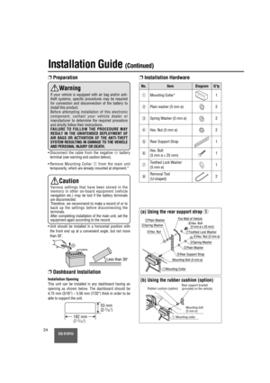 Page 24CQ-5101U24
Installation Guide (Continued)
❐Preparation❐Installation Hardware
• Disconnect the cable from the negative @battery
terminal (see warning and caution below).
•  Remove Mounting Collar 
qfrom the main unit
temporarily, which are already mounted at shipment.*
• Unit should be installed in a horizontal position with the front end up at a convenient angle, but not more
than 30˚.
❐Dashboard Installation
Installation Opening
This unit can be installed in any dashboard having an
opening as shown...