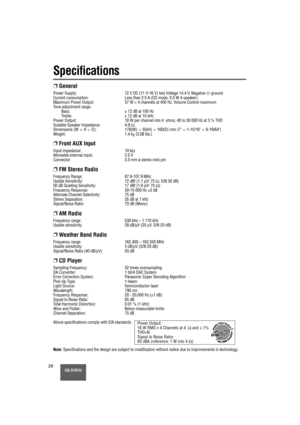 Page 28CQ-5101U28
Specifications
❐General
Power Supply:12 V DC (11 V-16 V) test Voltage 14.4 V, Negative @ground
Current consumption: Less than 2.5 A (CD mode, 0.5 W 4-speaker)
Maximum Power Output: 37 W 
×4 channels at 400 Hz, Volume Control maximum
T one adjustment range:
Bass: ± 12 dB at 100 Hz
Tr eble: ± 12 dB at 10 kHz
Power Output: 18 W per channel into 4  ohms, 40 to 30 000 Hz at 3 % THD
Suitable Speaker Impedance: 4-8 Ω
Dimensions (W H D): 178(W) 50(H) 160(D) mm {7 1-15/16 6-19/64}
W eight: 1.4 k
g{3.08...