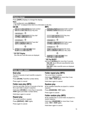 Page 1515
CD/MP3 Player
Display change
Press [DISP] (Display) to change the display.
Notes:
¡ For scrolling text, press [SCROLL].
¡
 “NO TEXT” is displayed when there is no information on the disc.
Track number/
Play time Folder number/
File number
Play time
Folder name/ 
Album*
File name/
Title, artist*
Clock
Disc title*
Track title*
Clock
CD-DA
MP3
* CD TEXT Display
 Disc title and Track title name are displayed.
* ID3 Tag ON/OFF
Hold down [SCROLL] for more than 2 seconds.
TAG ON: album title and song...