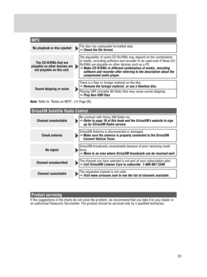 Page 2323
Troubleshooting (continued)
MP3
No playback or disc ejectedThe disc has unplayable formatted data.
a Check the file format.
The CD-R/RWs that are 
playable on other devices are  not playable on this unit.
The playability of some CD-Rs/RWs may depend on the combination 
of media, recording software and recorder to be used even if these CD-
Rs/RWs are playable on other devices such as a PC.
a
 Make CD-R/RWs in different combination of media, recording 
software and recorder after referring to the...
