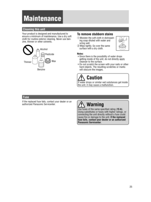 Page 2525
Maintenance
Cleaning this unit
Fuse
Your product is designed and manufactured to 
ensure a minimum of maintenance. Use a dry soft 
cloth for routine exterior cleaning. Never use ben-
zine, thinner or other solvents.
AlcoholPesticide Wax
Benzine
ThinnerAlcohol
Pesticide
Wax
Benzine
Thinner
If the replaced fuse fails, contact your dealer or an 
authorized Panasonic Servicenter.
To remove stubborn stains
q Moisten the soft cloth in dishwash -
ing soap diluted with water and 
wring well.
w
 
Wipe lightly...