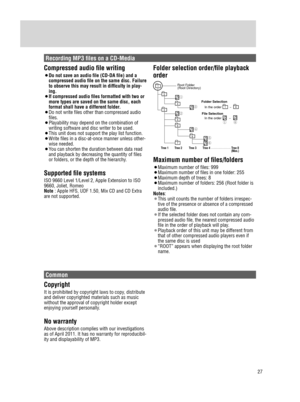 Page 2727
Notes on MP3
Copyright
It is prohibited by copyright laws to copy, distribute 
and deliver copyrighted materials such as music 
without the approval of copyright holder except 
enjoying yourself personally.
No warranty
Above description complies with our investigations 
as of April 2011. It has no warranty for reproducibil-
ity and displayability of MP3.
Common
Recording MP3 files on a CD-Media
Compressed audio file writing
¡ Do not save an audio file (CD-DA file) and a 
compressed audio file on the...