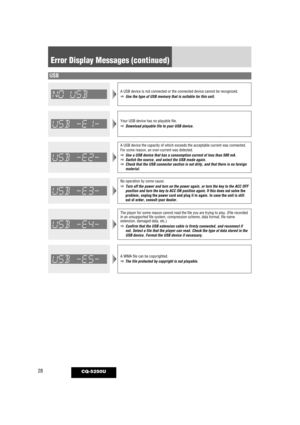 Page 2828CQ-5250U
USB
A USB device the capacity of which exceeds the acceptable current was co\
nnected.
For some reason, an over-current was detected.
aUse a USB device that has a consumption current of less than 500 mA.
a Switch the source, and select the USB mode again. 
a Check that the USB connector section is not dirty, and that there is no \
foreign
material.
No operation by some cause.
aTurn off the power and turn on the power again, or turn the key to the A\
CC OFF
position and turn the key to ACC ON...