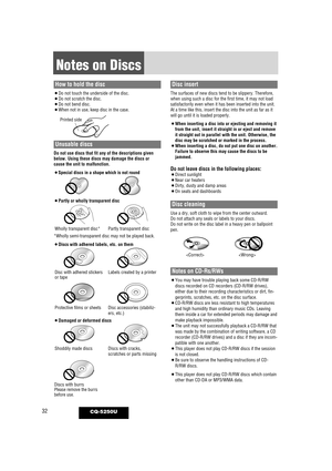 Page 3232CQ-5250U
Notes on Discs
How to hold the disc
¡Do not touch the underside of the disc.¡Do not scratch the disc.¡Do not bend disc.¡When not in use, keep disc in the case.
Unusable discs
Do not use discs that fit any of the descriptions given
below. Using these discs may damage the discs or
cause the unit to malfunction.
¡Special discs in a shape which is not round
¡Partly or wholly transparent disc
*Wholly semi-transparent disc may not be played back.
¡Discs with adhered labels, etc. on them
¡Damaged or...