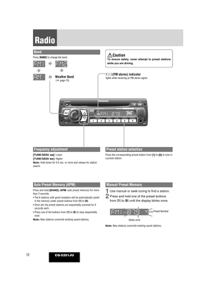 Page 1212
Radio
CQ-5251JU
Band
Press [BAND]to change the band.
Weather Band(apage 13)
Frequency adjustment
[TUNE/SEEK 
s]: Lower
[TUNE/SEEK d]: Higher
Note: Hold down for 0.5 sec. or more and release for station
search.
Preset station selection
Press the corresponding preset button from  [1]to [6] to tune in
a preset station.
Manual Preset Memory
1Use manual or seek tuning to find a station.
2Press and hold one of the preset buttons
from [1] to [6]until the display blinks once.
Note: New stations overwrite...