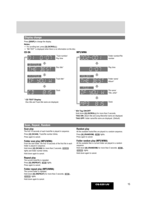 Page 1515CQ-5251JU
Scan playThe first 10 seconds of each track/file is played in sequence.
Press [4] (SCAN). Track/file number blinks.
Press again to cancel.
Folder scan play (MP3/WMA)From the next folder, the first 10 seconds of the first file in each
folder is played in sequence.
Hold down [4] (SCAN) for more than 2 seconds.
lights and folder number blinks.
Hold down again to cancel.
Repeat playThe current track/file is repeated.
Press [5] (REPEAT). lights.
Press again to cancel.
Folder repeat play...