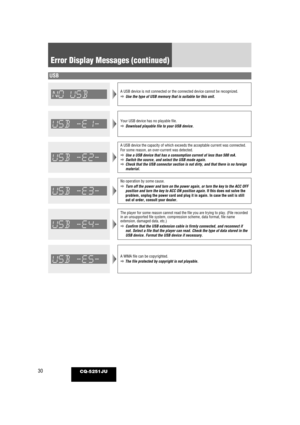 Page 3030CQ-5251JU
USB
A USB device the capacity of which exceeds the acceptable current was co\
nnected.
For some reason, an over-current was detected.
aUse a USB device that has a consumption current of less than 500 mA.
a Switch the source, and select the USB mode again. 
a Check that the USB connector section is not dirty, and that there is no \
foreign
material.
No operation by some cause.
aTurn off the power and turn on the power again, or turn the key to the A\
CC OFF
position and turn the key to ACC ON...