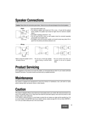 Page 19CQ-5301U19
Speaker Connections
Caution:Please follow the instructions given below.  Failure to do so will cause damage to the unit and speakers.
L
R
- 
- 
- - 
- - 
- - 
- 
- +
+
++
++
+
++ +- +
- +
- +- +- +
- +- +- +
L
R
L
R
L
R


(White)
(White
w/black stripe)
Chassis
(Gray 
w/black stripe)(Gray)
Chassis
• Use ungrounded speaker only.
• The maximum speaker input should be 37 W or more.  (If used with the optional
power amplifier, the speaker input should be higher than the maximum amplifier
output.)
•...