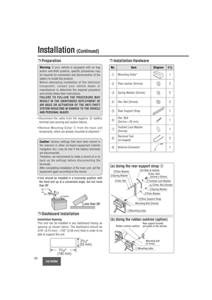 Page 26CQ-5330U26
Installation (Continued)
❐Preparation❐Installation Hardware
Warning:If your vehicle is equipped with air bag
and/or anti-theft systems, specific procedures may
be required for connection and disconnection of the
battery to install this product.
Before attempting installation of this electronic
component, contact your vehicle dealer or
manufacturer to determine the required procedure
and strictly follow their instructions. 
FAILURE TO FOLLOW THE PROCEDURE MAY
RESULT IN THE UNINTENDED DEPLOYMENT...