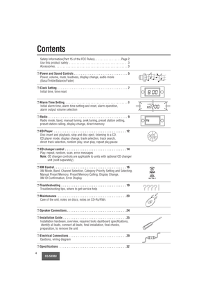 Page 4CQ-5330U4
Contents
Safety Information(Part 15 of the FCC Rules) . . . . . . . . . . . . . . . . . Page 2
Use this product safely . . . . . . . . . . . . . . . . . . . . . . . . . . . . . . . . . . . . .  3
Accessories . . . . . . . . . . . . . . . . . . . . . . . . . . . . . . . . . . . . . . . . . . . . . . . 3
❒Power and Sound Controls . . . . . . . . . . . . . . . . . . . . . . . . . . . . . . 5
Power, volume, mute, loudness, display change, audio mode
(Bass/Treble/Balance/Fader)
❒Clock Setting . . ....