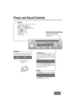 Page 5CQ-5330U5


	
 
	




	


 	
  
	 

	
			     
Volume level (0 to 40)
(default:18)
Power
Turn the key in the ignition until the
accessory indicator lights.
Power on:Press [PWR](power).
Power off:Press [PWR](power) again.
ACC
ON
Volume
Turn the knob clockwise to increase volume,
and counterclockwise to decrease volume.
Mute
Press [MUTE]to mute the sound completely.
Loudness
Press and hold [MUTE] (LOUD)for more
than 2...