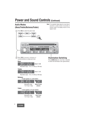 Page 6CQ-5330U6
LOUD
MUTE
SCAN MODE
BANDTUNE
SEEK
ILL
PWRALMCLK
CQ-5330U
DISC CD SCAN RPT RDM
APM DISP
VOLSEL / SATPUSH
BASS/TREB/BAL/FADER6 5 4 3 2 1
Power and Sound Controls (Continued)
Audio Modes 
(Bass/Treble/Balance/Fader)
Push [SEL]to select the audio mode.
VolumeBassTreble
BalanceFader
Note:If no operation takes place for more than 5
seconds in audio mode (2 seconds in
volume mode), the display returns to the
regular mode.
push
w qIllumination Switching
Press [SCAN] (ILL)for more than 2 seconds
to...