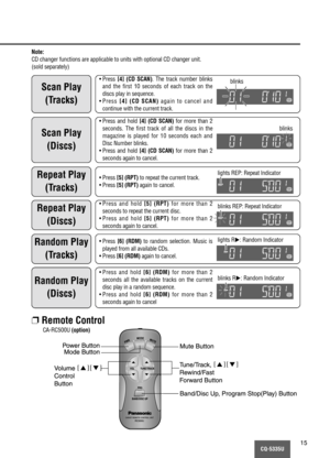 Page 15CQ-5335U15
Note:
CD changer functions are applicable to units with optional CD changer unit.
(sold separately)
Scan Play
(Tracks)
• Press [4] (CD SCAN). The track number blinks
and the first 10 seconds of each track on the
discs play in sequence.
• Press[4] (CD SCAN)again to cancel and
continue with the current track.
Scan Play
(Discs)
• Press and hold [4] (CD SCAN)for more than 2
seconds. The first track of all the discs in the
magazine is played for 10 seconds each and
Disc Number blinks.
• Press and...