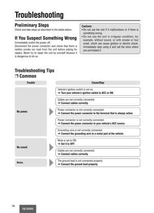 Page 16CQ-5335U16
Troubleshooting
Preliminary Steps
Check and take steps as described in the tables below.
If You Suspect Something Wrong
Immediately switch the power off.
Disconnect the power connector and check that there is
neither smoke nor heat from the unit before asking for
repairs. Never try to repair the unit by yourself because it
is dangerous to do so.
No power.
Trouble
Vehicle’s ignition switch is not on.
aTurn your vehicle’s ignition switch to ACC or ON.
Cables are not correctly connected.
aConnect...