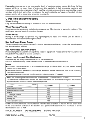 Page 32
Panasonicwelcomes you to our ever growing family of electronic product owners. We know that this
product will bring you many hours of enjoyment. Our reputation is built on precise electronic and
mechanical engineering, manufactured with carefully selected components and assembled by people
who take pride in their work. Once you discover the quality, reliability, and value we have built into this
product, you too will be proud to be a member of our family.
❏Use This Equipment Safely
When Driving
Keep...