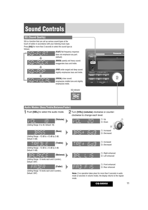 Page 1111
Sound Controls
CQ-5800U
SQ (Sound Quality) 
SQ is a function that can call up various sound types at the
touch of button in accordance with your listening music type.
Press 
[SQ]for more than 2 seconds to select the sound type as
follows:
(ROCK)speedy and heavy sound:
exaggerates bass and treble.
(POP)wide-ranged and deep sound:
slightly emphasizes bass and treble.
(VOCAL) clear sound:
emphasizes middle tone and slightly
emphasizes treble.
(FLAT)flat frequency response:
does not emphasize any part....