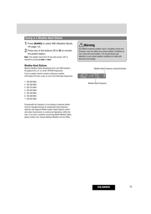 Page 1313CQ-5800U
1Press [BAND]to select WB (Weather Band).
(
apage 12)
2Press any of the buttons [1]to [6]to monitor
the preset station.
Note:The weather band (CH1-6) has been preset. CH7 is
selected by pressing [s]or [d].
W eather Band StationsNational Weather Radio Broadcasts from over 380 Iocations
throughout the U.S. on seven VHF/FM frequencies.
Tune to weather band to receive continuous weather
information 24 hours a day on one of the following frequencies.
1. 162.550 MHz
2. 162.400 MHz
3. 162.475 MHz
4....