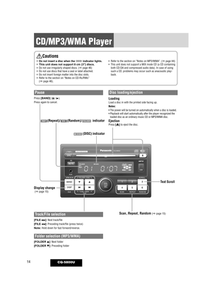 Page 1414
CD/MP3/WMA Player
CQ-5800U
Disc loading/ejection
LoadingLoad a disc in with the printed side facing up.
Notes:
• The power will be turned on automatically when a disc is loaded.
• Playback will start automatically after the player recognized theloaded disc as an ordinary music CD or MP3/WMA disc.
EjectionPress [u]to eject the disc.
Track/File selection
[FILE 
d]: Next track/file
[FILE  s ]: Preceding track/file (press twice)
Note: Hold down for fast forward/reverse.
Folder selection (MP3/WMA)
[FOLDER...