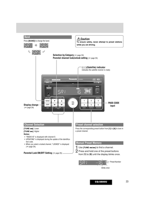 Page 2323CQ-5800U
Band
Press [BAND]to change the band.
Channel Selection
[TUNE s]: Lower
[TUNEd]: Higher
Notes:
¡“RADIO ID” is displayed with channel 0.¡UPDATING” is displayed during the update of the identifica-
tion code.
¡When you select a locked channel, “LOCKED” is displayed
(apage 24).
Preset channel selection
Press the corresponding preset button from [1]to [6]to tune in
a preset channel.
Caution
To ensure safety, never attempt to preset stations
while you are driving.
Display change(apage 24)...