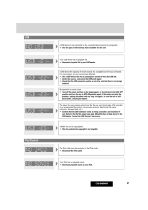 Page 4141CQ-5800U
USB
A USB device the capacity of which exceeds the acceptable current was co\
nnected.
For some reason, an over-current was detected.
aUse a USB device that has a consumption current of less than 500 mA.aSwitch the source, and select the USB mode again.aCheck that the USB connector section is not dirty, and that there is no \
foreign
material.
No operation by some cause.
aTurn off the power and turn on the power again, or turn the key to the A\
CC OFF
position and turn the key to ACC ON...