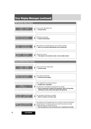 Page 4242
Error Display Messages (continued)
CQ-5800U
Cannot receive XM satellite radio.
aVerify the wiring.
XM antenna unconnected.
aConnect the XM antenna.
XM broadcasts unreceivable because of poor receiving conditions.
aMove to an area where XM broadcasts can be received well.
XM Satellite Radio Control
Sirius Satellite Radio Control
Channel not in service
aThis channel is not currently in service. Tune to another channel.
Cannot receive Sirius Satellite Radio
aVerify the wiring.
Sirius antenna...