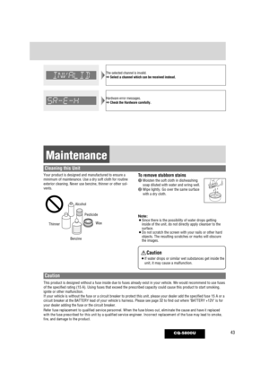 Page 4343CQ-5800U
The selected channel is invalid.aSelect a channel which can be received instead.
Hardware error messages.aCheck the Hardware carefully.
To remove stubborn stains
1Moisten the soft cloth in dishwashing
soap diluted with water and wring well.
2Wipe lightly. Go over the same surface
with a dry cloth.
Note:¡Since there is the possibility of water drops getting
inside of the unit, do not directly apply cleanser to the
surface.
¡Do not scratch the screen with your nails or other hard
objects. The...