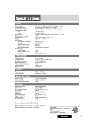 Page 4747
Specifications
CQ-5800U
General
Power Supply:12 V DC (11 V-16 V) test Voltage 14.4 V, Negative ground
Current consumption: Less than 2.5 A (CD mode, 0.5 W 4-speaker)
Maximum Power Output: 45 W x 4 channels at 400 Hz, Volume Control maximum
Tone adjustment range: Bass: ± 12 dB at 100 Hz
Treble: ± 12 dB at 10 kHz
Power Output: 18 W per channel into 4  ohms, 40 to 30 000 Hz at 3 % THD
Suitable Speaker Impedance: 4-8 Ω
Dimensions (W x H x D): 178 x 100 x 155 mm {7
”x 3 15/16 ” x 6 1/8”}
Weight: 1.6 kg...