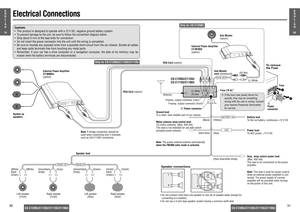 Page 16(+) (–) (+)(–) (+)(–) (+) (–)FRONT SP
REAR SP
ACCBATTERY 15A
1
3
2
SW-OUT
19E
N
G
L
I
S
H
20E
N
G
L
I
S
H
31 30
CQ-C1200U/C1120U/C1110U/C1100U
CQ-C1200U/C1120U/C1110U/C1100U
Electrical ConnectionsCautions:
•This product is designed to operate with a 12 V DC, negative ground battery system.
•To prevent damage to the unit, be sure to follow the connection diagram below.
•Strip about 5 mm of the lead ends for connection.
•Do not insert the power connector into the unit until the wiring is completed.
•Be...