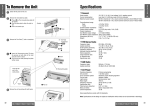 Page 1721E
N
G
L
I
S
H
22E
N
G
L
I
S
H
33 32
CQ-C1200U/C1120U/C1110U/C1100U
CQ-C1200U/C1120U/C1110U/C1100U
❐GeneralPower supply: 12 V DC (11 V–16 V), test voltage 14.4 V, negative ground
Current consumption: Less than 2.2 A (CD play mode; 0.5 W×4 channels)
Maximum power output: 50 W×4 channels at 1 kHz, volume control maximum (CQ-C1200U/C1120U)
45 W×4 channels at 1 kHz, volume control maximum (CQ-C1110U/C1100U)
Tone adjustment range:
Bass: ±12 dB at 100 Hz
Treble: ±12 dB at 10 kHz
Suitable speaker impedance:...