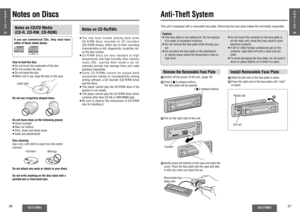 Page 1536
CQ-C1300U
CQ-C1300U
37
Notes on Discs
E
N
G
L
I
S
H
23
E
N
G
L
I
S
H
24
Anti-Theft System
Notes on CD-Rs/RWs≥ You may have trouble playing back some 
CD-R/RW discs recorded on CD recorders 
(CD-R/RW drives), either due to their recording 
characteristics or dirt, ﬁ ngerprints, scratches, etc. 
on the disc surface.
≥ CD-R/RW discs are less resistant to high 
temperatures and high humidity than ordinary 
music CDs. Leaving them inside a car for 
extended periods may damage them and make 
playback...